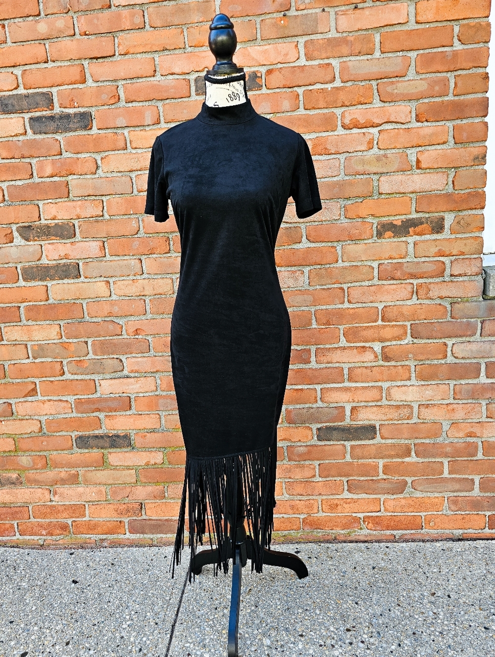 NWT New York & Company Black Fringe Bodycon Dress XS Faux Suede Stretch Midi Sta